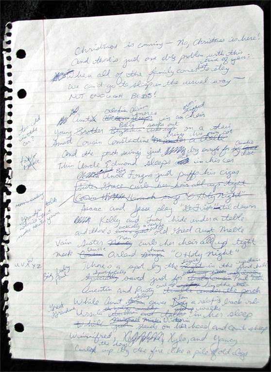 image description: elizabeth jarrett andrew's handwriting a rough draft on a torn out of a notebook piece of paper