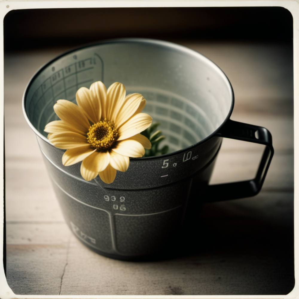 Image Description: a flower sits in a measuring cup