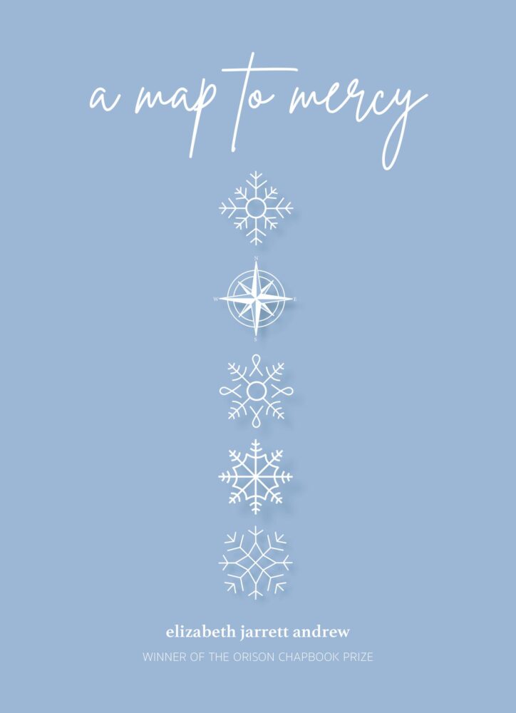 A book image with a blue background, white snowflakes and a white compass are under the title, A Map to Mercy, and at the bottom is the author's name, Elizabeth Jarrett Andrew