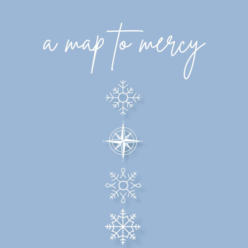 A book image with a blue background, white snowflakes and a white compass are under the title, A Map to Mercy, and at the bottom is the author's name, Elizabeth Jarrett Andrew